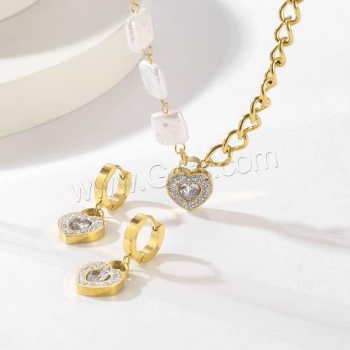 Rhinestone stainless steel Jewelry Set, 304 Stainless Steel, earring & necklace, with Shell, Heart, Vacuum Ion Plating, fashion jewelry & for woman & with rhinestone 