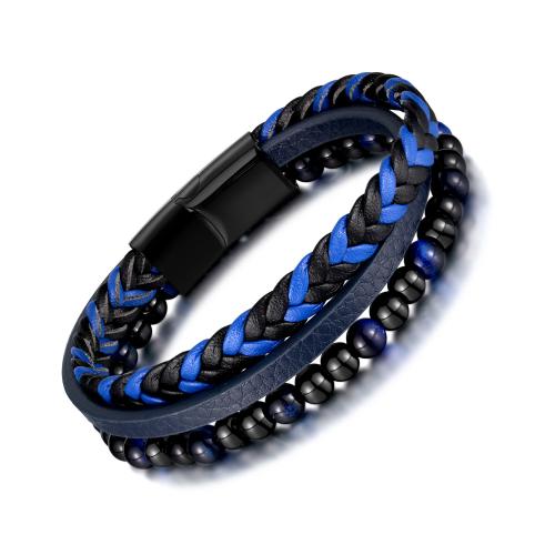 PU Leather Cord Bracelets, with Tiger Eye & 304 Stainless Steel, Vacuum Ion Plating, fashion jewelry & for man, mixed colors mm 