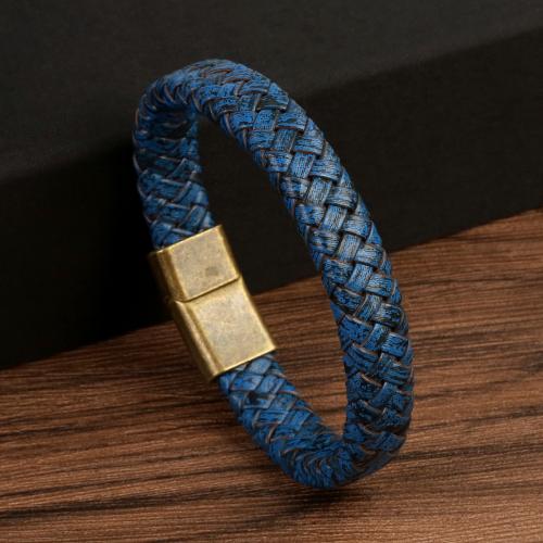 PU Leather Cord Bracelets, with Zinc Alloy, antique brass color plated, fashion jewelry & for man, blue Approx 21 cm 