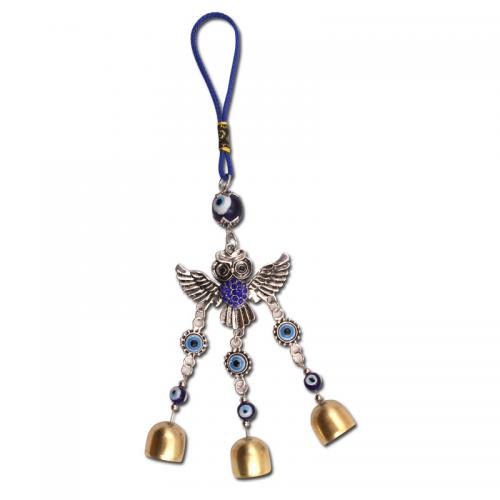 Zinc Alloy Windbell, Owl, silver color plated, for home and office & evil eye pattern & enamel & with rhinestone, blue, 260mm 