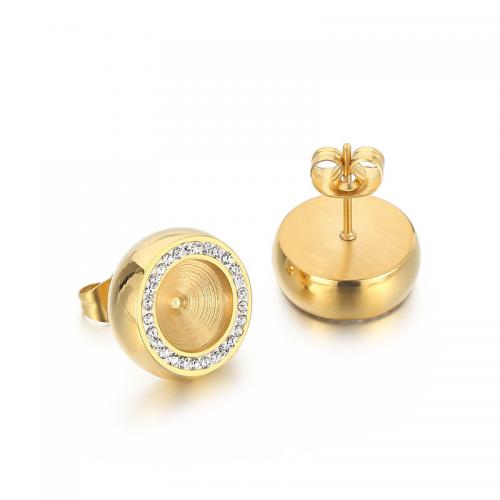 Stainless Steel Earring Stud Component, 304 Stainless Steel, Round, gold color plated, DIY & with rhinestone, 14mm 