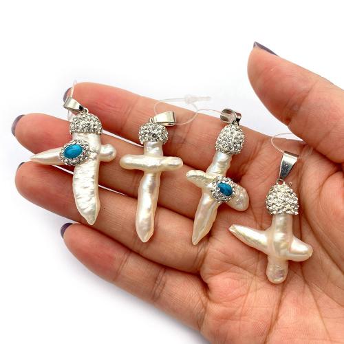 Freshwater Pearl Pendants, with turquoise & Rhinestone Clay Pave Bead & Brass, Cross, DIY, white 25mm 32-41mm 