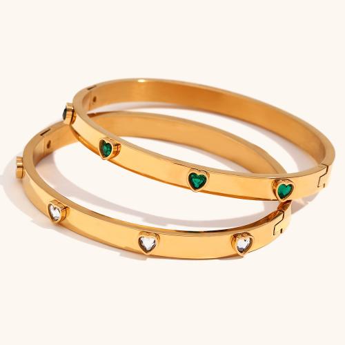 Stainless Steel Bangle, 316L Stainless Steel, 18K gold plated, fashion jewelry & micro pave cubic zirconia & for woman Inner diameter :60mm, width :6mm. 