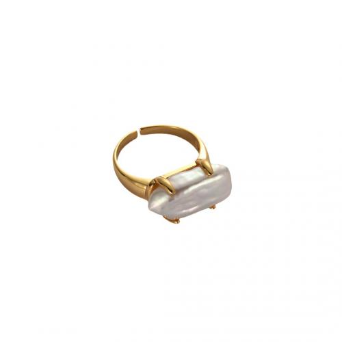Pearl Brass Finger Ring, with Plastic Pearl, plated, for woman, golden 