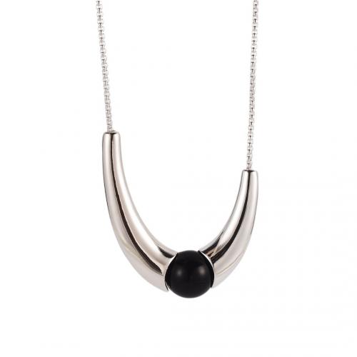 Brass Jewelry Necklace, with Black Agate, with 7CM extender chain, plated, for woman, silver color Approx 59 cm 