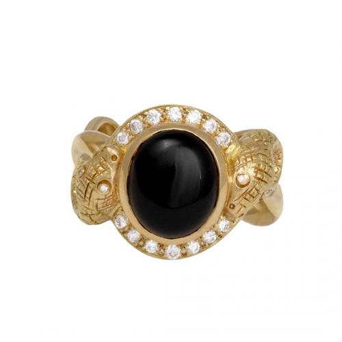 Gemstone Brass Finger Ring, with Black Agate, plated & for woman & with rhinestone, golden 