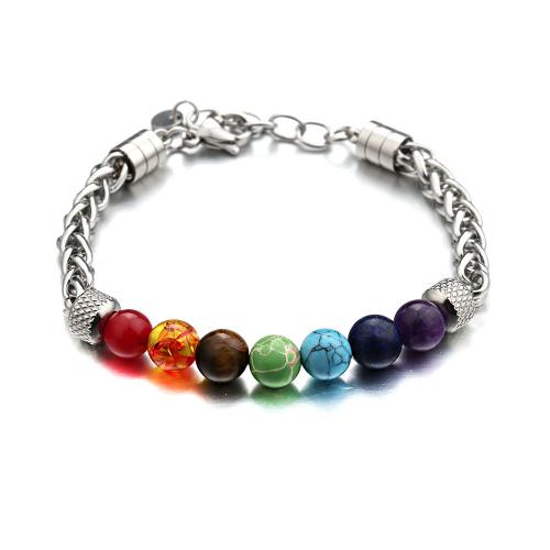 Stainless Steel Charm Bracelet, 304 Stainless Steel, with Gemstone, Adjustable & fashion jewelry & Unisex 8mm Approx 16-21 cm 