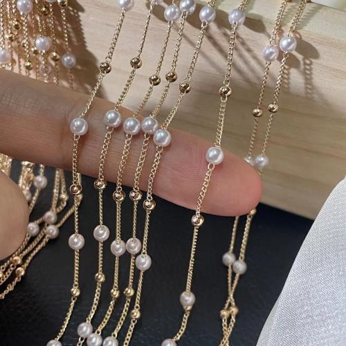 Brass Beading Chains, with Plastic Pearl, Round, KC gold color plated, DIY, white, nickel, lead & cadmium free, 4mm 