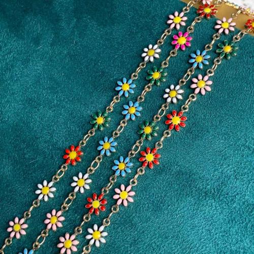 Brass Beading Chains, Flower, gold color plated, DIY & enamel, mixed colors, nickel, lead & cadmium free, 7mm 