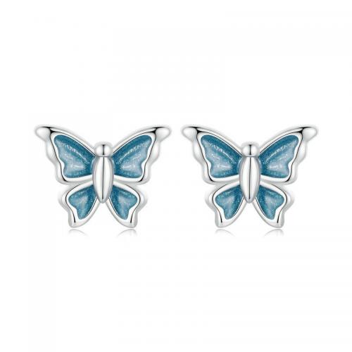 Sterling Silver Stud Earring, 925 Sterling Silver, Butterfly, fashion jewelry & for woman & enamel, blue 