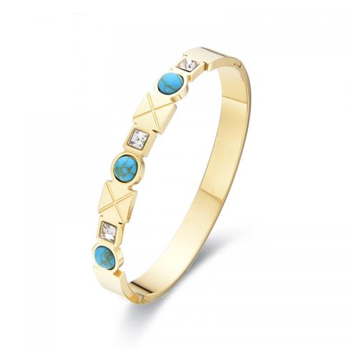 Stainless Steel Bangle, 304 Stainless Steel, with turquoise, Vacuum Ion Plating, fashion jewelry & for woman & with rhinestone Inner Approx 