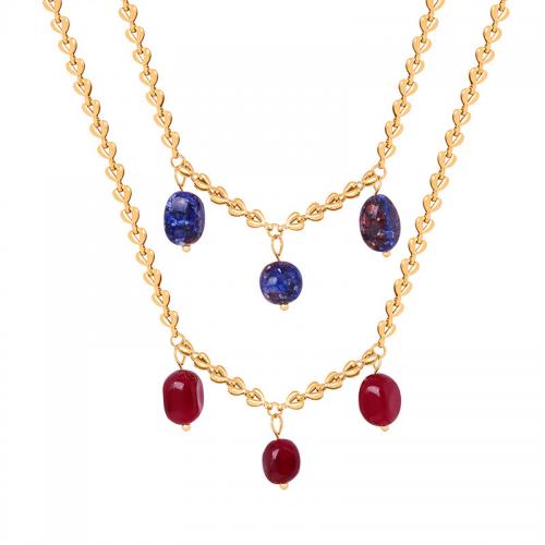 Gemstone Necklaces, Titanium Steel, with Lapis Lazuli & Agate, with 5cm extender chain, 18K gold plated, fashion jewelry & for woman Approx 37 cm 