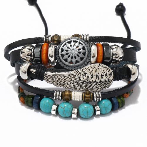 PU Leather Cord Bracelets, Faux Leather, with PU Leather & Wax Cord & Hematite & Copper Coated Plastic & Zinc Alloy, with 9-12cm extender chain, handmade, fashion jewelry & multilayer & Unisex Approx 17 cm 