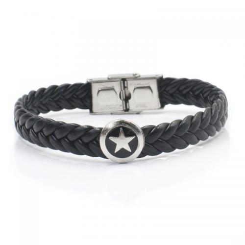 Cowhide Bracelets, 304 Stainless Steel, with Full Grain Cowhide Leather & Zinc Alloy, plated, Unisex, black Approx 21 cm [