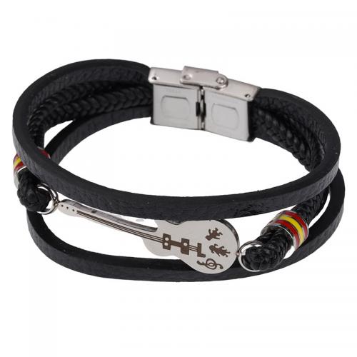 PU Leather Cord Bracelets, 304 Stainless Steel, with PU Leather, stoving varnish, Unisex, black Approx 22 cm 