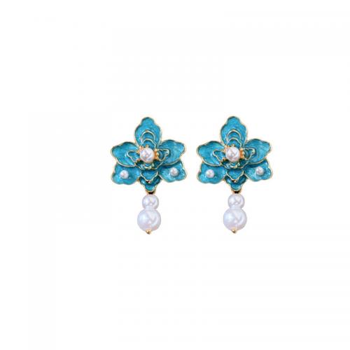 Boucle d'oreille en alliage de zinc en plastique perle, avec perle de plastique, fleur, bijoux de mode & pour femme Vendu par paire