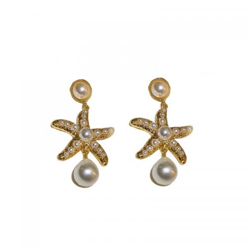 Plastic Pearl Zinc Alloy Earring, with Plastic Pearl, Starfish, gold color plated, fashion jewelry & for woman, golden 