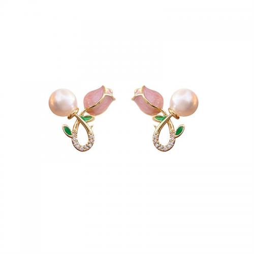 Plastic Pearl Zinc Alloy Earring, with Plastic Pearl, Tulip, plated, fashion jewelry & for woman & with rhinestone 