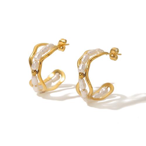 Edelstahl Stud Ohrring, 304 Edelstahl, mit Kunststoff Perlen, 18K vergoldet, Modeschmuck & für Frau, goldfarben, 27x3mm, verkauft von Paar