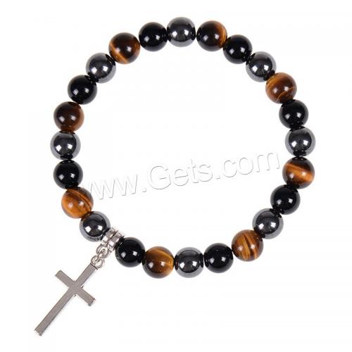 Gemstone Bracelets, Tiger Eye, with Black Magnetic Stone & Obsidian, Cross, fashion jewelry & Unisex Approx 6.6-8.5 Inch 