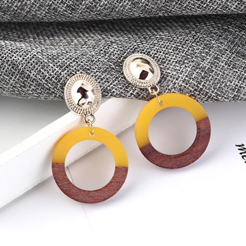 Wood Earring, Zinc Alloy, with Wood & Resin & Plastic & Iron, Round, gold color plated, for woman, yellow 