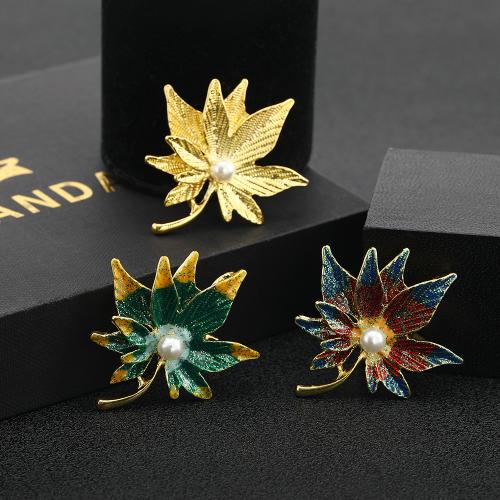 Zinc Alloy Jewelry Brooch, with Plastic Pearl, Maple Leaf, gold color plated, for woman & enamel 