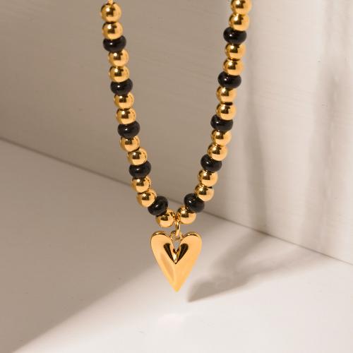 Stainless Steel Jewelry Necklace, 304 Stainless Steel, with Agate, with 6cm extender chain, Heart, plated, fashion jewelry, gold cm 