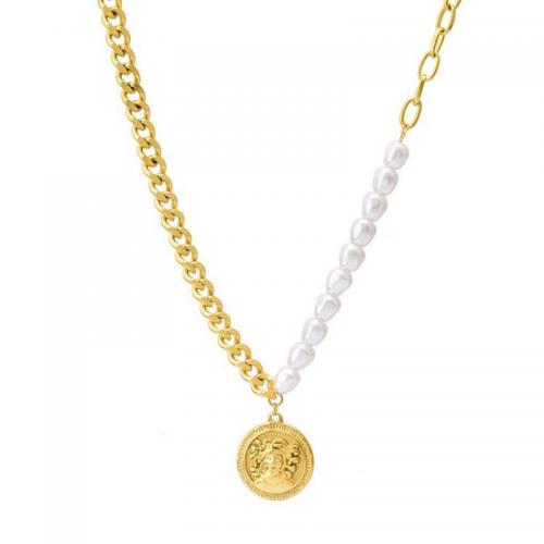 Titan Schmuck Halskette, Titanstahl, mit Kunststoff Perlen, mit Verlängerungskettchen von 5cm, 18K vergoldet, Modeschmuck & für Frau, Pendant: About 2cm, Länge:ca. 45 cm, verkauft von PC