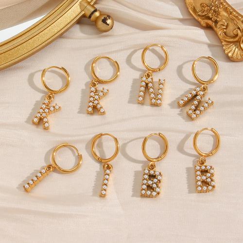 Huggie Hoop Drop Earring, 304 Stainless Steel, with Plastic Pearl, Alphabet Letter, 18K gold plated, fashion jewelry & for woman 