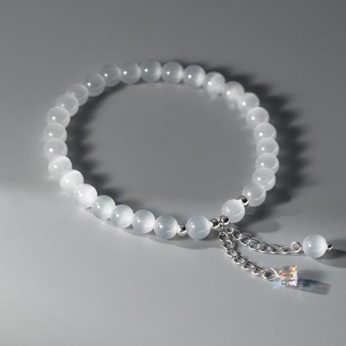 Cats Eye Bracelets, 925 Sterling Silver, with Elastic Thread & Cats Eye, handmade, for woman, white Approx 15-24 cm 