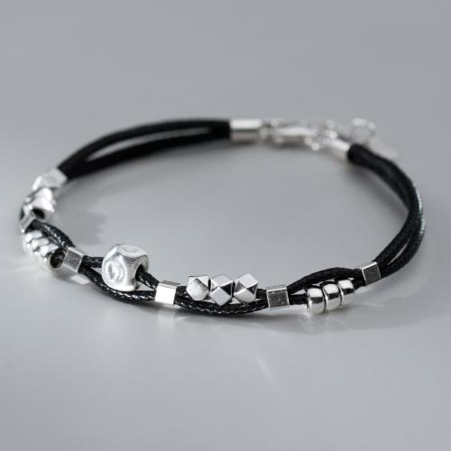 PU Leather Cord Bracelets, 925 Sterling Silver, with leather cord, with 3CM extender chain, plated, for woman, black Approx 18 cm 