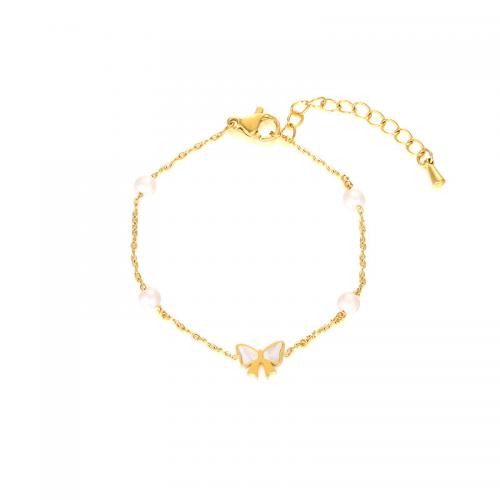 Stainless Steel Chain Bracelets, 304 Stainless Steel, with White Shell, fashion jewelry & for woman, golden Approx 190 mm 