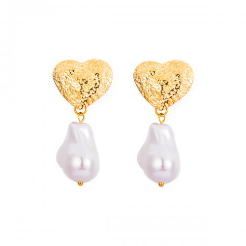 Stainless Steel Stud Earring, 304 Stainless Steel, with Plastic Pearl, Heart, 18K gold plated, fashion jewelry & for woman 