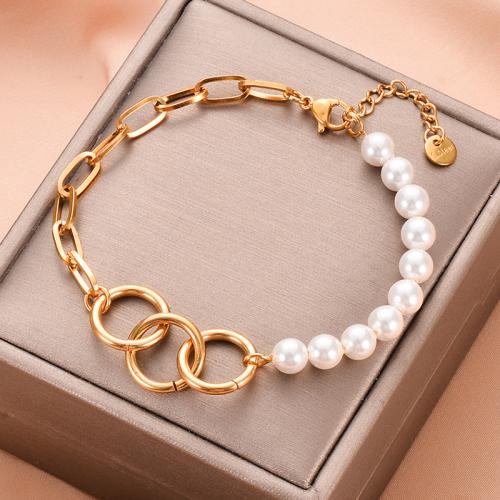 Stainless Steel Charm Bracelet, 304 Stainless Steel, with Plastic Pearl, with 4cm extender chain, 18K gold plated, fashion jewelry & for woman Approx 18.5 cm 