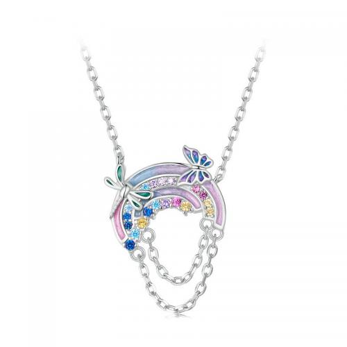 Cubic Zircon Micro Pave Sterling Silver Necklace, 925 Sterling Silver, with 1.97inch extender chain, Rainbow, fashion jewelry & micro pave cubic zirconia & for woman & enamel Approx 15.75 Inch 
