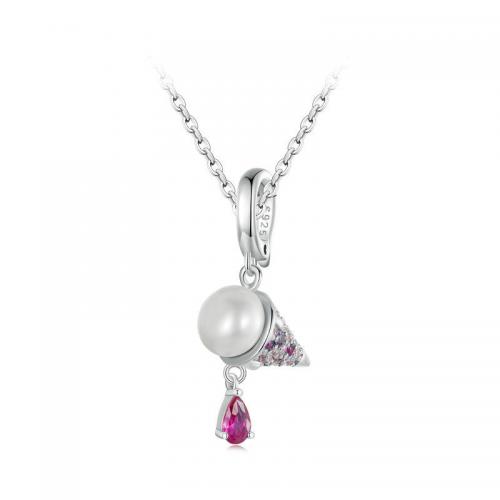 Cubic Zircon Micro Pave Sterling Silver Necklace, 925 Sterling Silver, with Freshwater Pearl, Ice Cream, fashion jewelry & micro pave cubic zirconia & for woman Approx 45 cm 