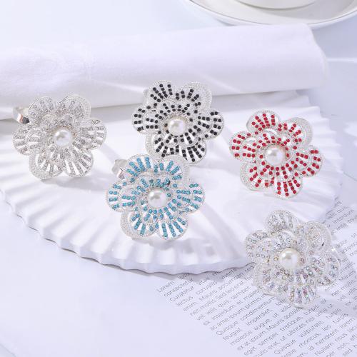 Napkin Ring, Zinc Alloy, with Plastic Pearl, Flower, silver color plated, with rhinestone 