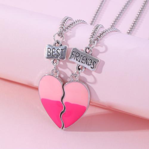 Enamel Zinc Alloy Necklace, Heart, silver color plated, for woman, pink cm 