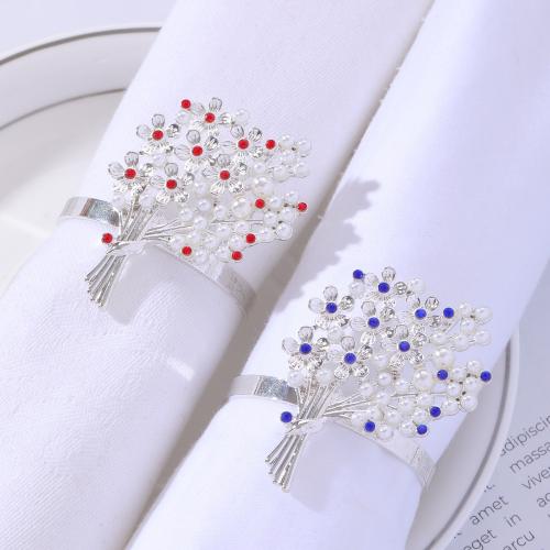 Napkin Ring, Zinc Alloy, with Plastic Pearl, Bouquet, silver color plated, with rhinestone 