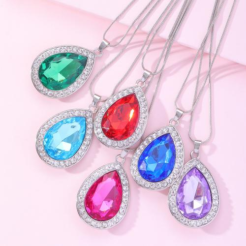 Rhinestone Zinc Alloy Necklace, with Gemstone Chips, Teardrop, silver color plated, for woman & with rhinestone cm 