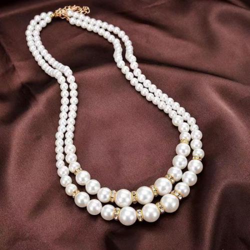 Perlenhalskette aus Glas, ABS-Kunststoff-Perlen, mit Strass & Messing, Doppelschicht & Modeschmuck & für Frau & mit Strass, keine, 43cm+50cm+8cm extension chain, verkauft von PC