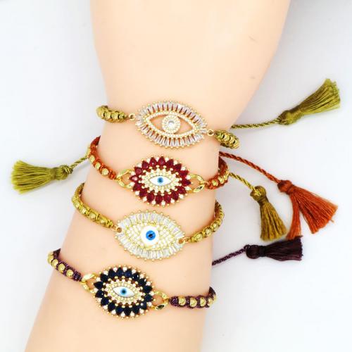 Evil Eye Jewelry Bracelet, Brass, with Knot Cord, gold color plated, Adjustable & fashion jewelry & micro pave cubic zirconia & for woman & enamel Approx 31 cm 