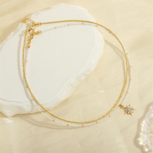 Petite perle en verre de collier 
, Seedbead, avec laiton, avec 5cm chaînes de rallonge, Placage de couleur d'or, bijoux de mode & styles différents pour le choix & pavé de micro zircon & pour femme, plus de couleurs à choisir Environ 40 cm, Vendu par PC