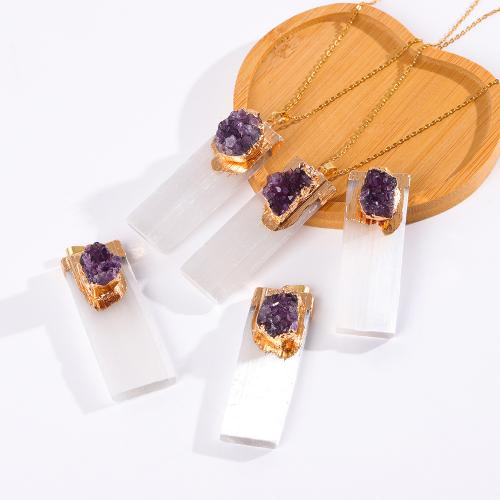 Quartz Necklace, Gypsum Stone, with Amethyst & Brass, Rectangle, gold color plated, fashion jewelry & Unisex 50mm Approx 45 cm 