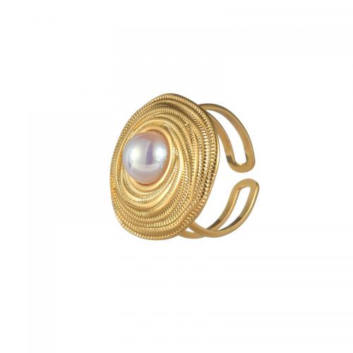 Titanium Steel Finger Ring, with Plastic Pearl, 18K gold plated, fashion jewelry & for woman 