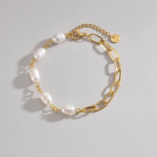 Stainless Steel Charm Bracelet, 304 Stainless Steel, with Plastic Pearl, with 3cm extender chain, 14K gold plated, fashion jewelry & for woman Approx 17.5 cm 