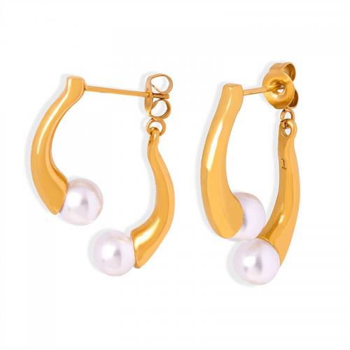 Titanium Steel Earrings, with Shell Pearl, fashion jewelry & for woman 