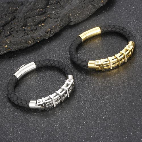 Cowhide Bracelets, 304 Stainless Steel, with Split Layer Cowhide Leather, plated, fashion jewelry & for man & with rhinestone mm 