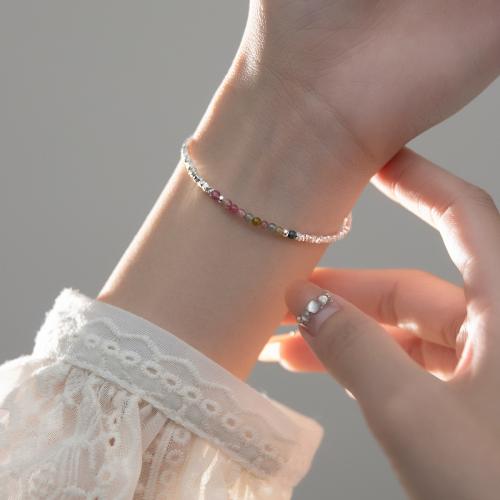 Sterling Silver Bracelets, 925 Sterling Silver, with Tourmaline, with 4CM extender chain, plated, for woman, silver color Approx 16.5 cm 