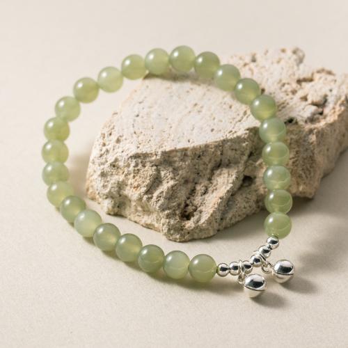 Sterling Silver Bracelets, 925 Sterling Silver, with Hetian Jade & Elastic Thread, handmade, for woman, green Approx 14-23 cm 